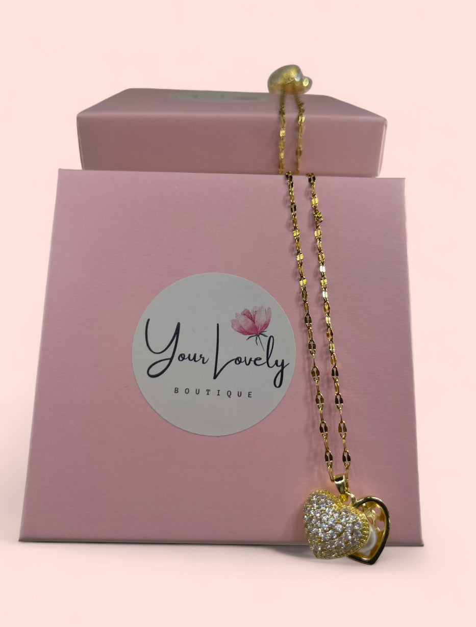 Heart Rhinestone Pearl Gold Stainless Steel Necklace