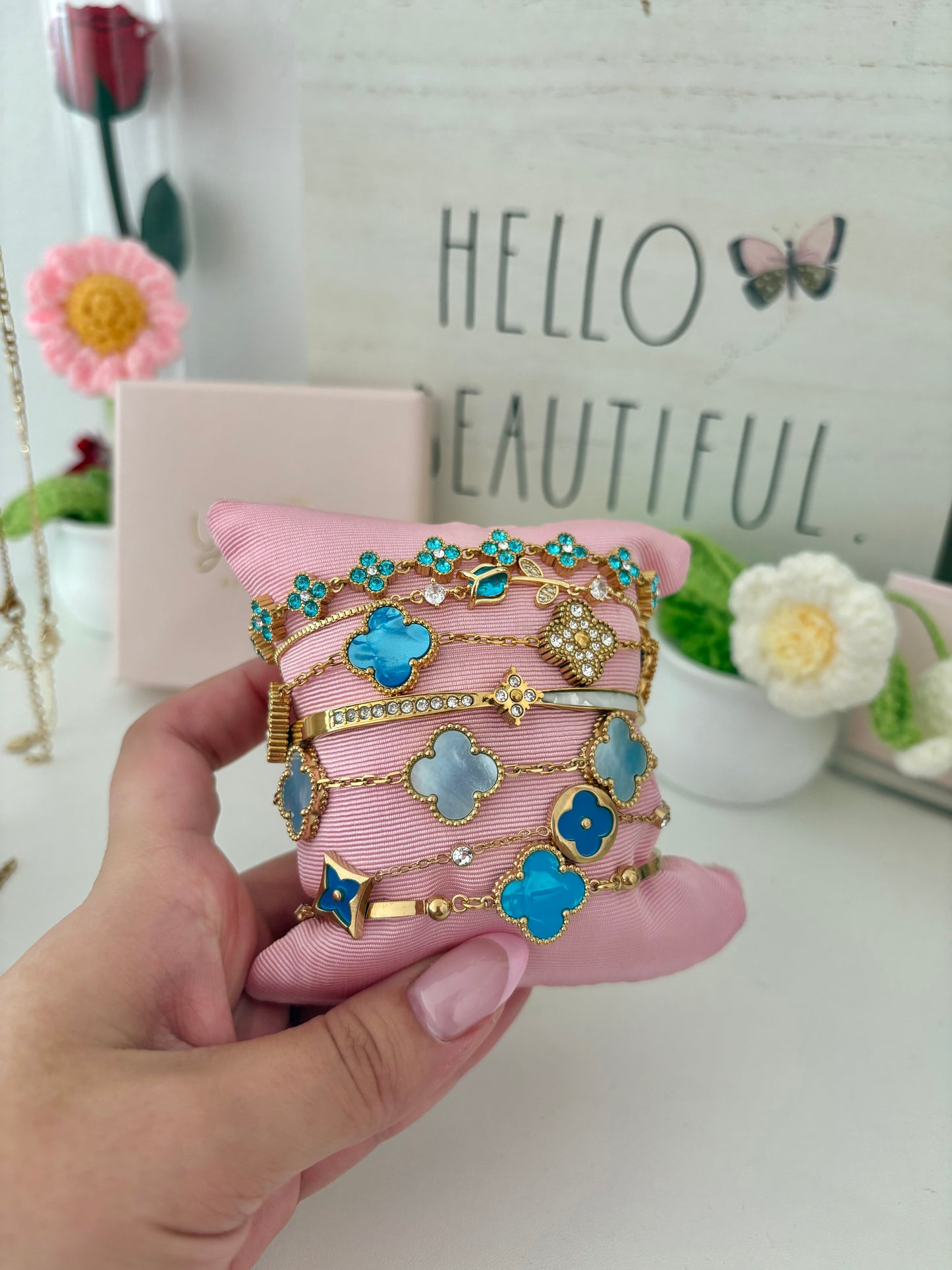 Clover Blossom Rhinestone Adjustable Stainless Steel Bracelet