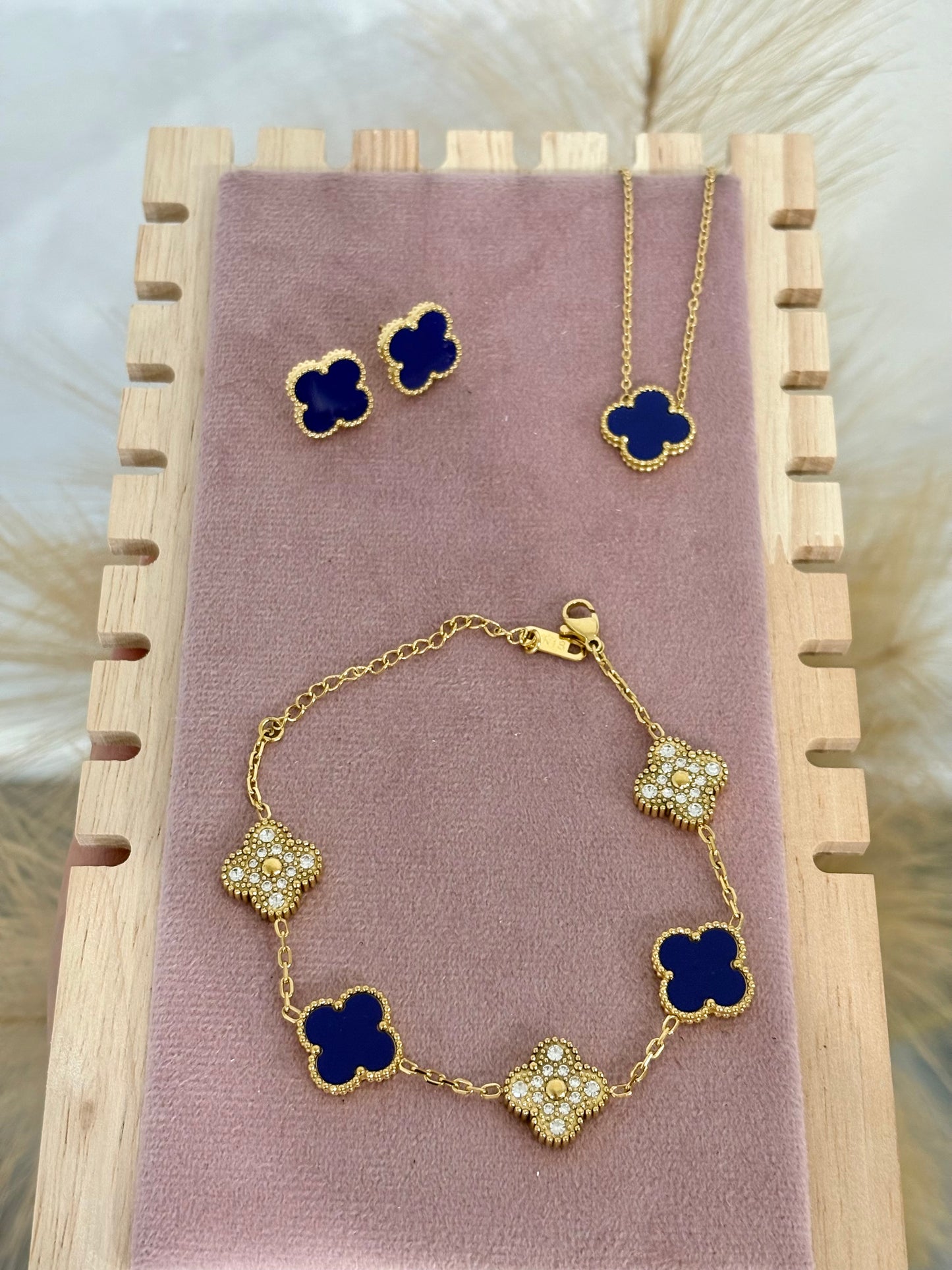 Navy Blue & Gold Rhinestone Clover Stainless Steel Jewelry Set: Necklace, Earrings, Bracelet