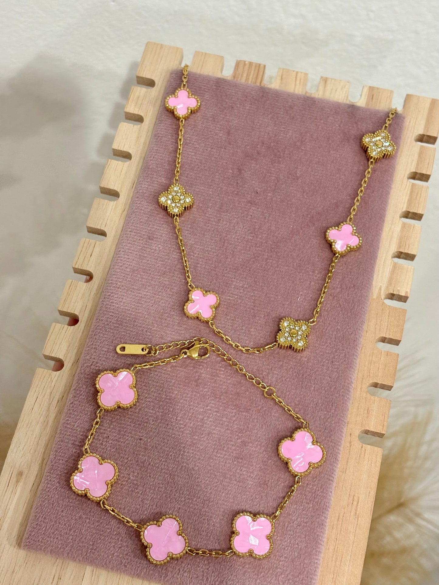 Baby Pink Mother of Pearl Clover Jewelry Collection - Choose 10-Clover Necklace, Bracelet (Stainless Steel)