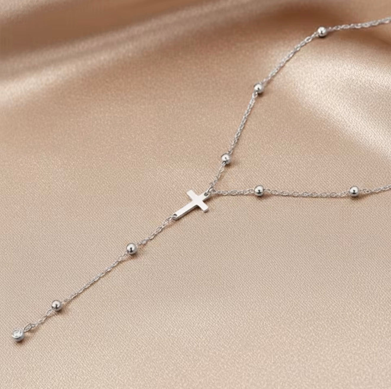 Dainty Rosary Necklace with Crystal Drop Stainless Steel: Gold, Silver