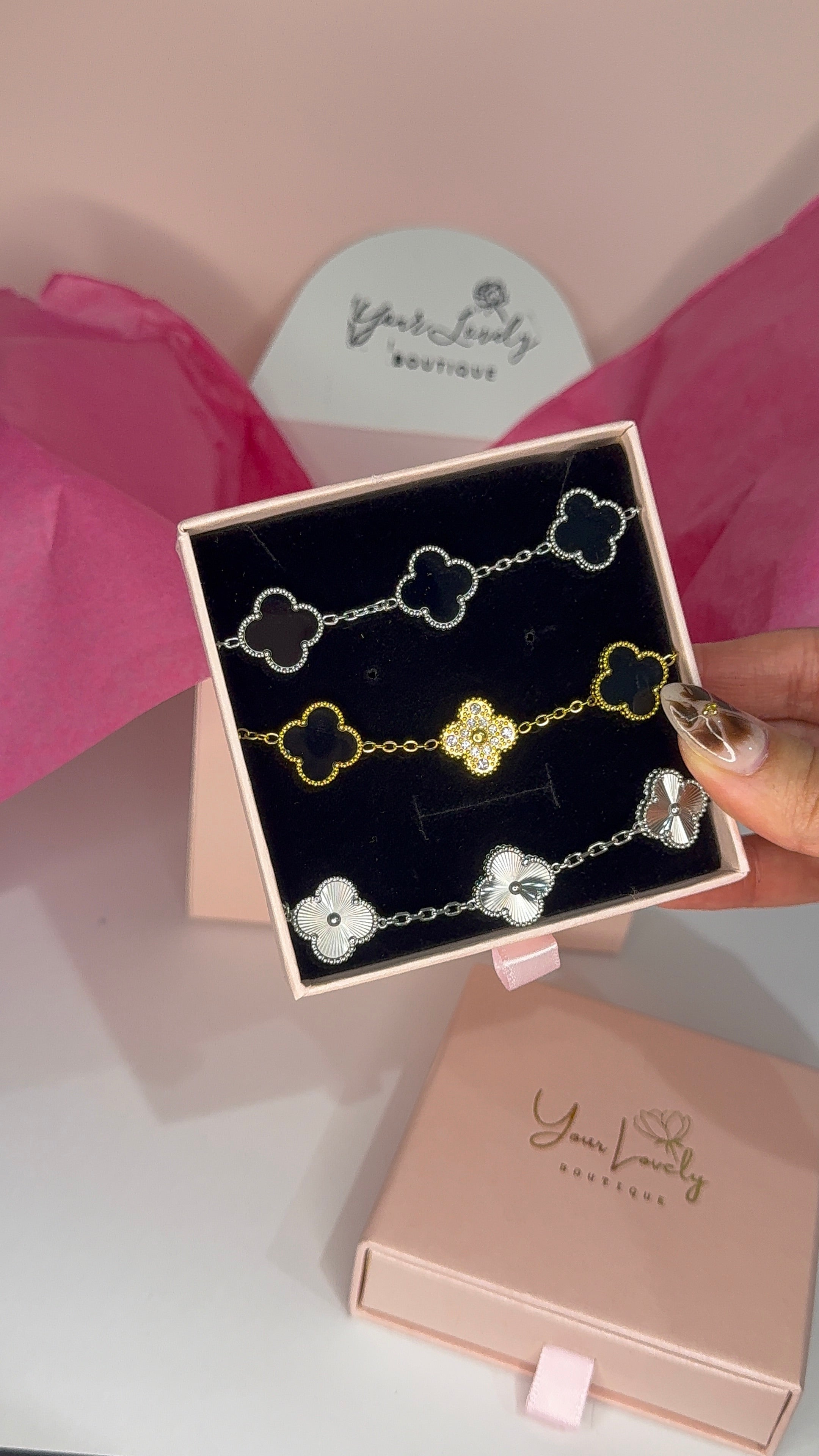 Black and Silver Clover Jewelry Set: Necklace, Earrings, and Bracelet