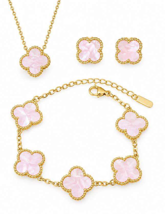 Baby Pink Mother of Pearl Clover Jewelry Set: Necklace, Bracelet, Earrings