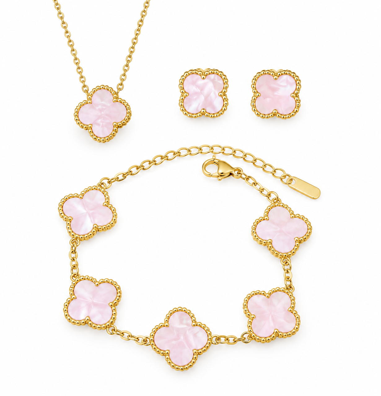 Baby Pink Mother of Pearl Clover Jewelry Set: Necklace, Bracelet, Earrings