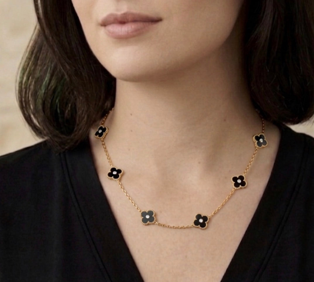 Black Mini 7 Clover Rhinestone Center Stainless Steel Necklace