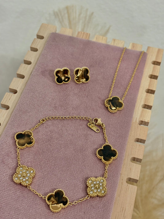 Brown Enamel & Gold Zirconia Clover Stainless Steel Jewelry Set: Necklace, Earrings, Bracelet