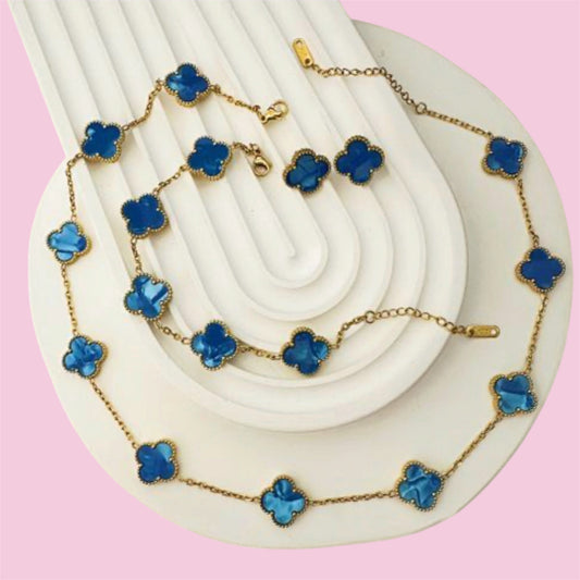 Mother Of Pearl Baby Blue Clover Stainless Steel Jewelry Set: Necklace, Earrings, Bracelet