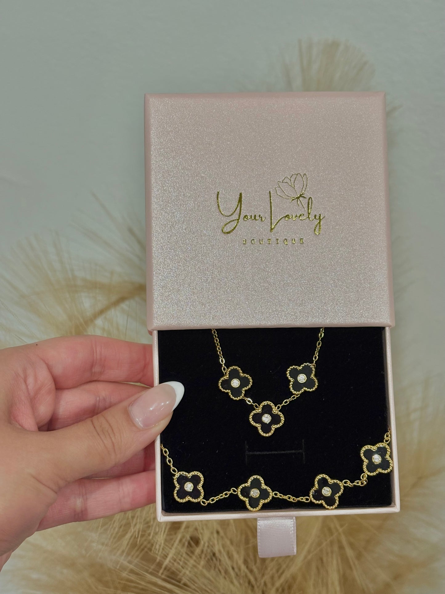 Black Mini Clover Rhinestone Center Stainless Steel Jewelry Set: Necklace, Earrings, Bracelet