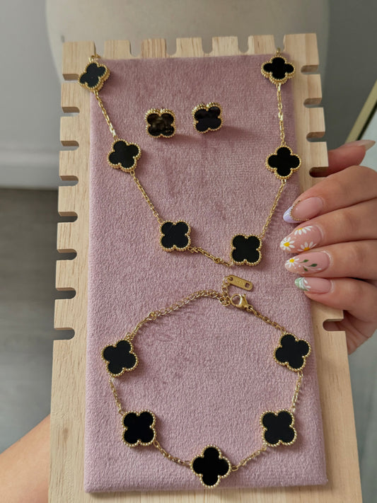 Black and Gold Clover Jewelry Set: 10 Necklace, Earrings, and Bracelet