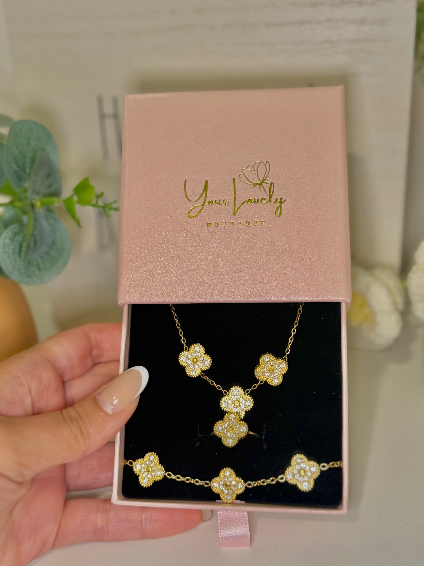 Gold Rhinestone Clover Stainless Steel Jewelry Set: Necklace, Earrings, Bracelet, Ring