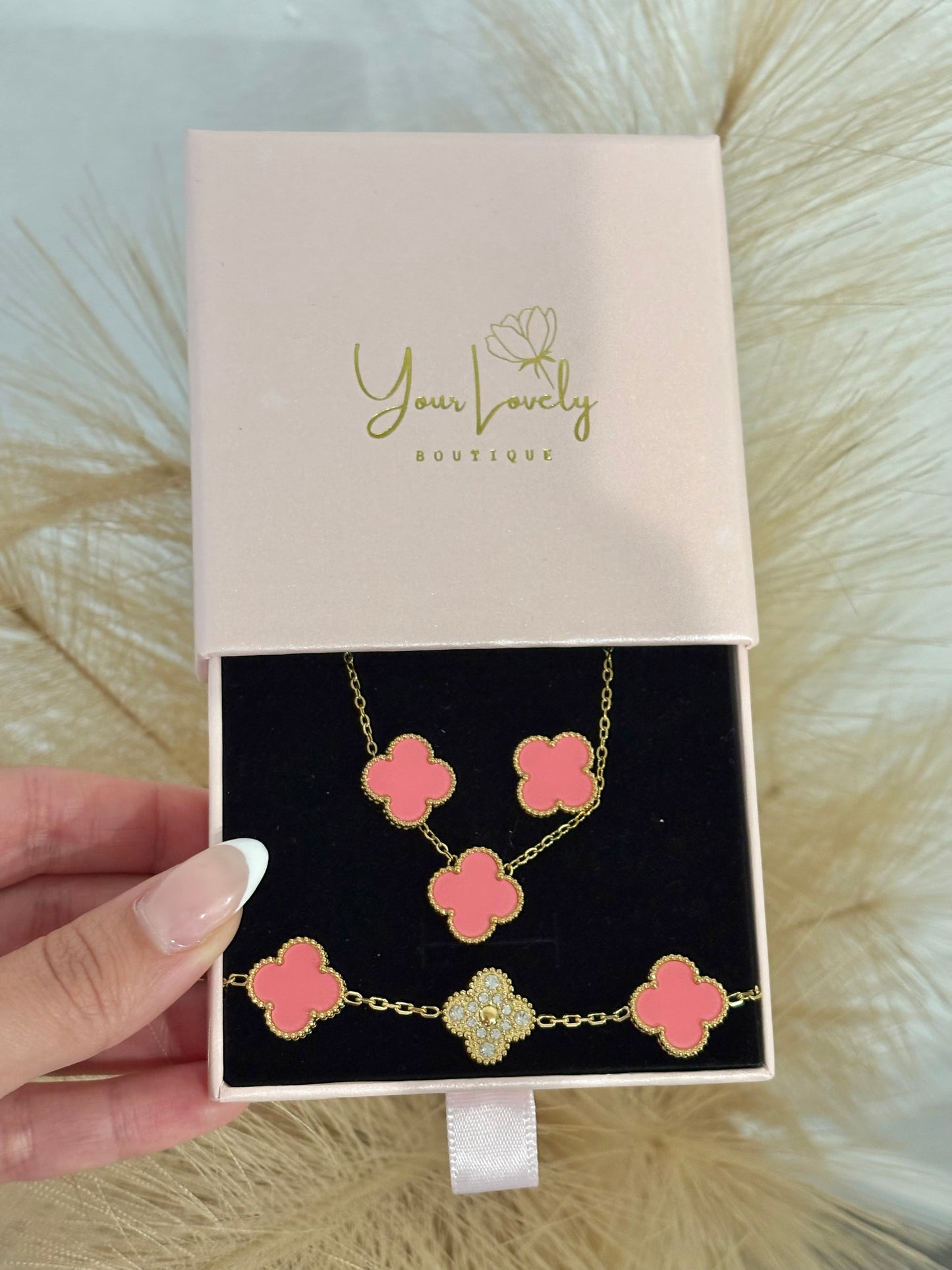 Coral Pink and Gold Clover Stainless Steel Jewelry Set: Necklace, Earrings, Bracelet