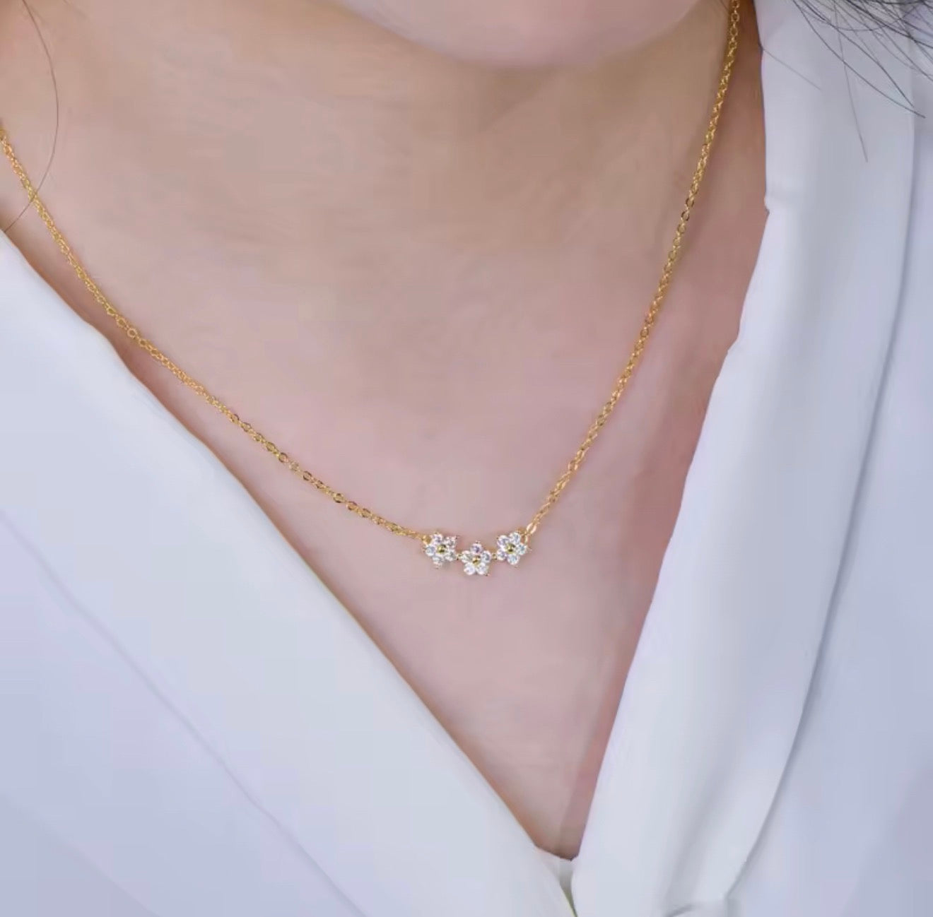 Triple Flower Moissanite Necklace and Bar Earring Set 14K Gold Filled (GRA Certified)