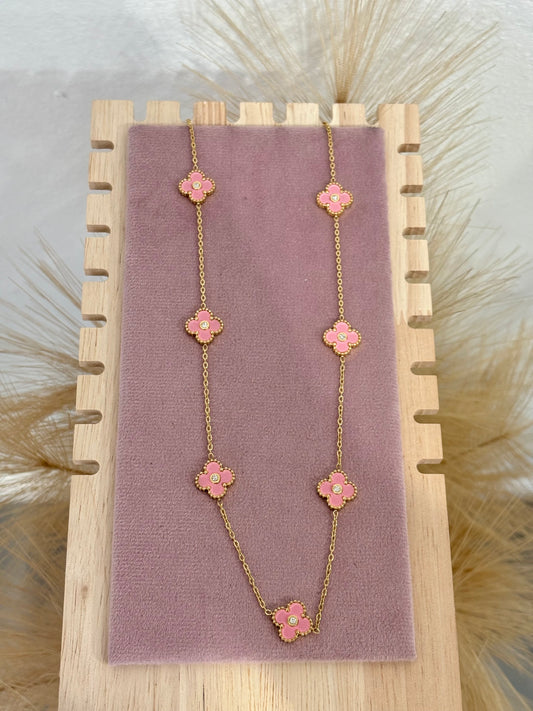 Pink Mini 7 Clover Rhinestone Center Stainless Steel Necklace