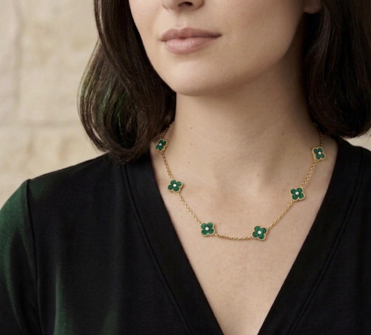 Green Mini 7 Clover Rhinestone Center Stainless Steel Necklace