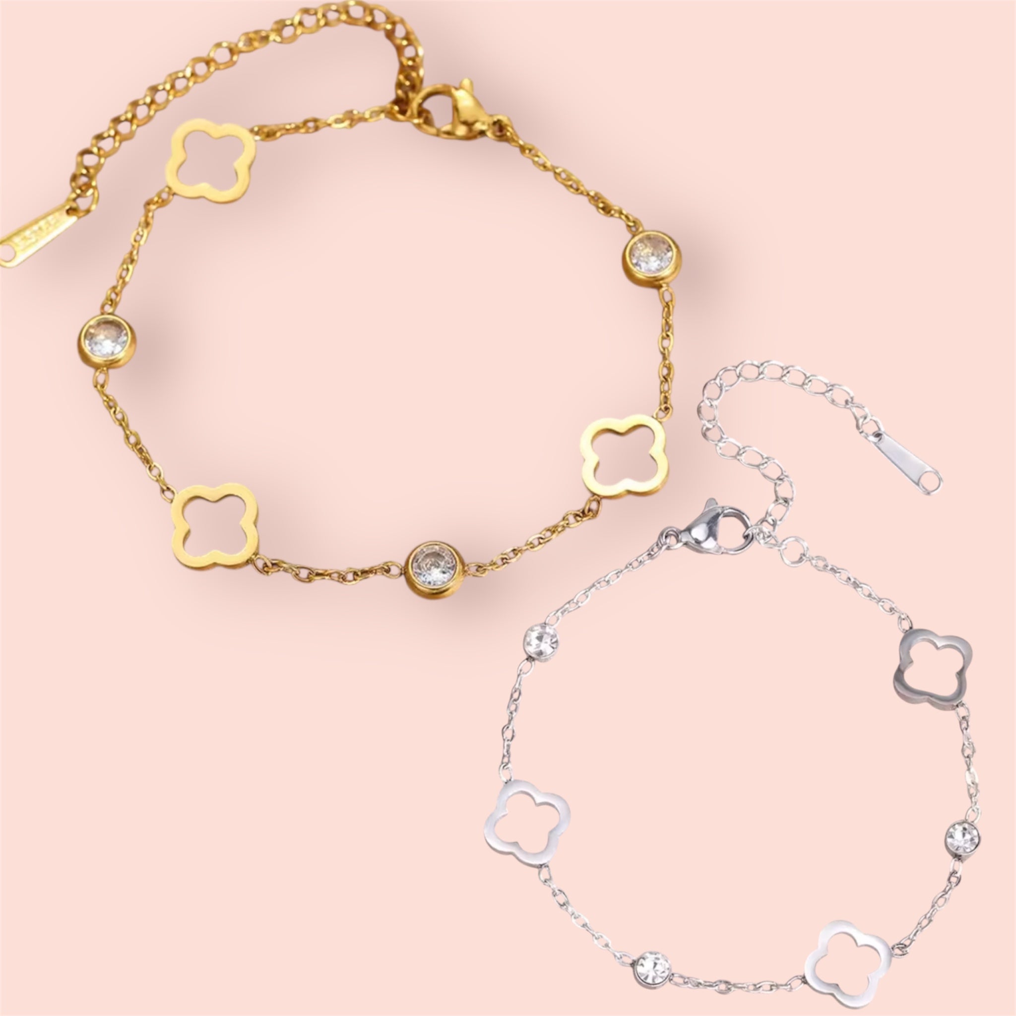 Luckiest Clover Rhinestone Bracelet & Necklace in Gold and Silver Stainless Steel