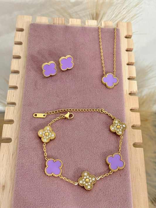 Lilac and Gold Rhinestones Clover Stainless Steel Jewelry Set: Necklace, Earrings, Bracelet