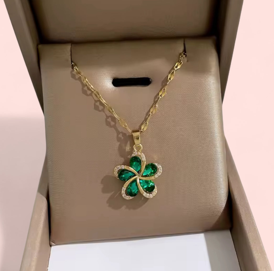Zircon Jade Flower Stainless Steel Necklace