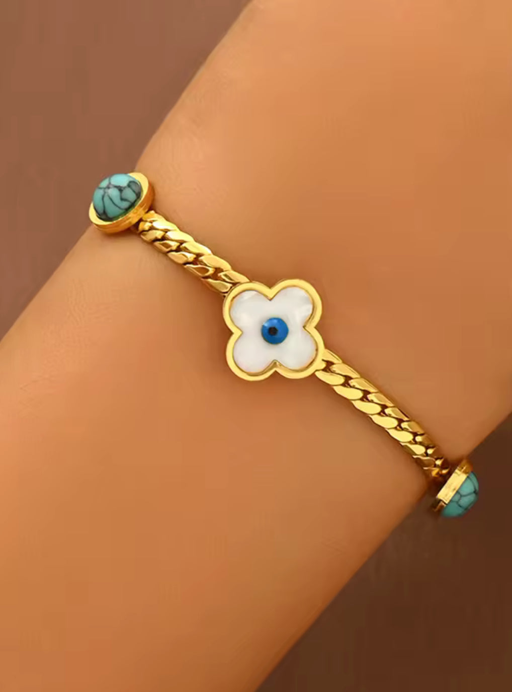 Gold Clover Mal De Ojo Stainless Steel Bracelet