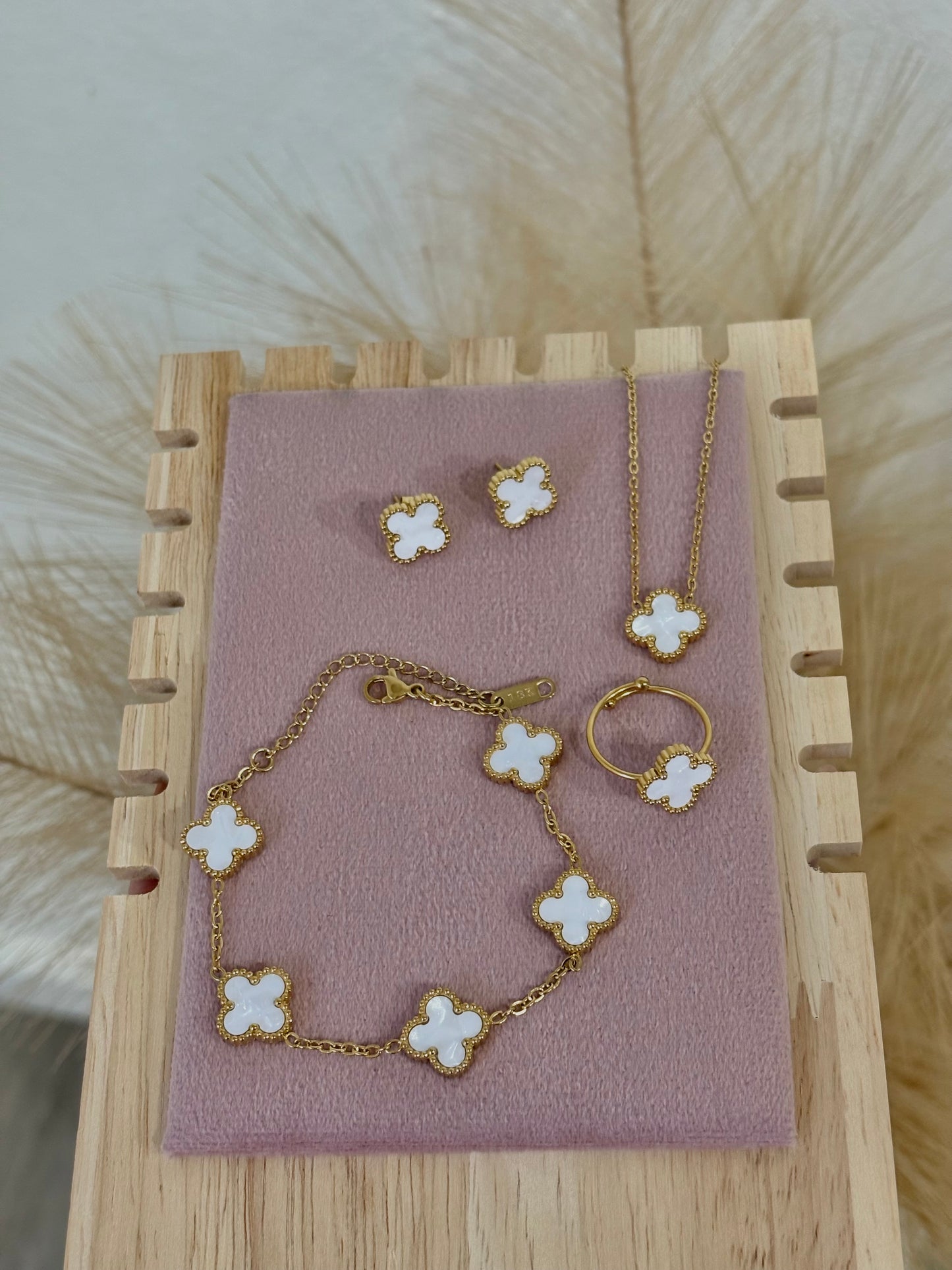 Mother Of Pearl White Clover Mini Stainless Steel Jewelry Set: Necklace, Earrings, Bracelet, Ring
