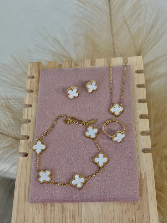 Mother Of Pearl White Clover Mini Stainless Steel Jewelry Set: Necklace, Earrings, Bracelet, Ring
