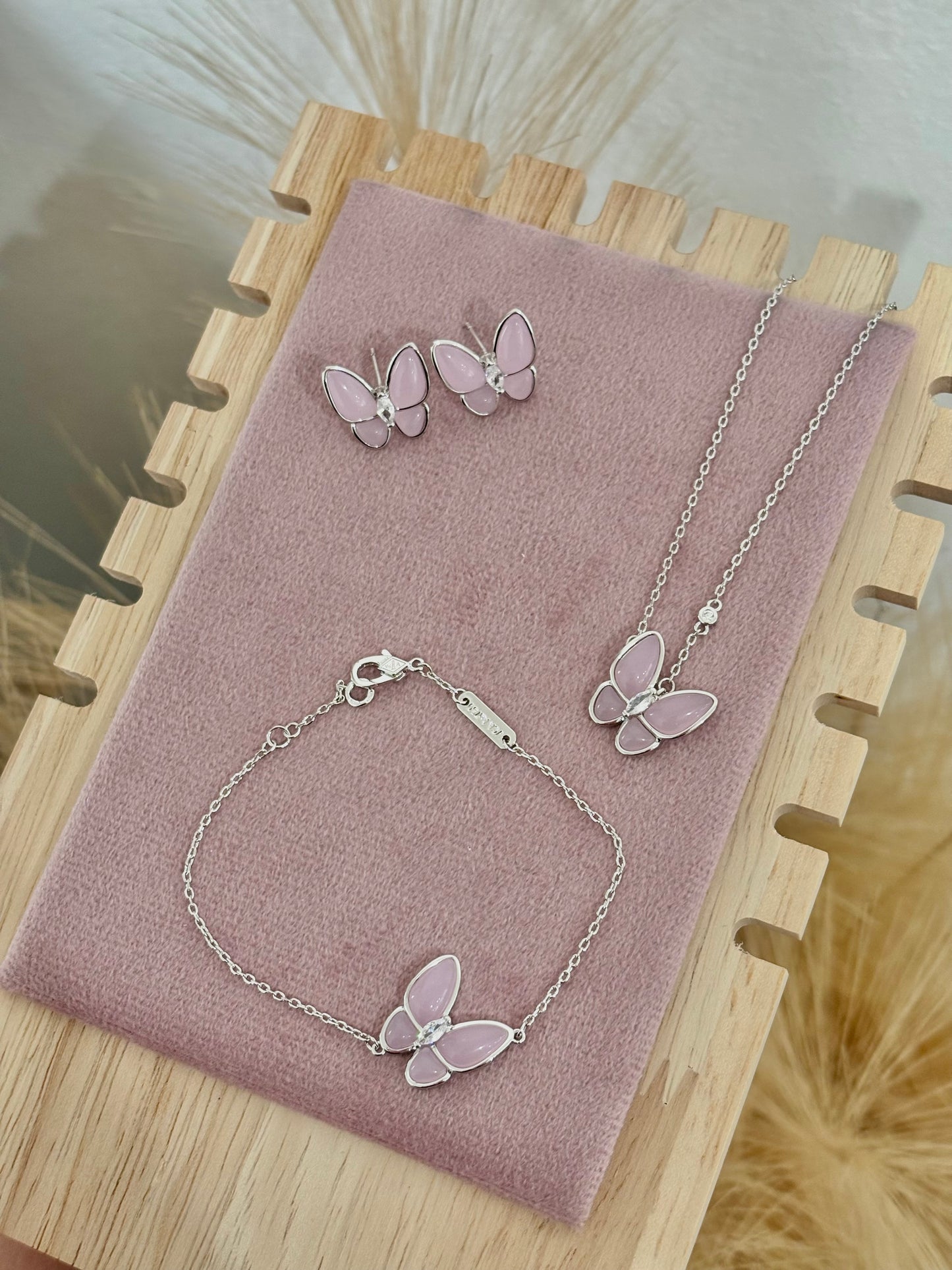Rose Quartz Silver Butterfly Rhinestone Set: Necklace, Bracelet, Earrings