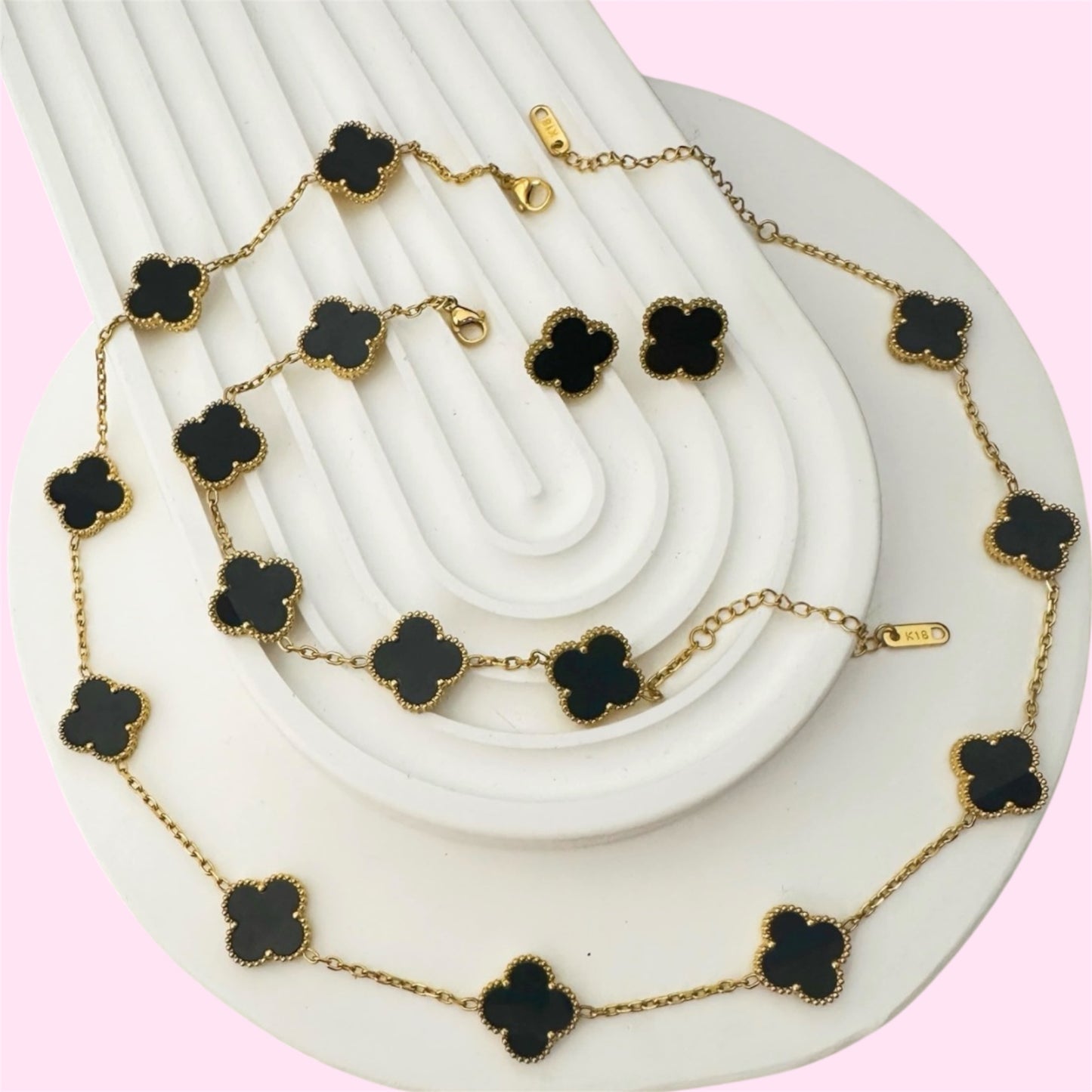 Classic Black and Gold Clover Jewelry Set: 10 Necklace, Earrings, and Bracelet
