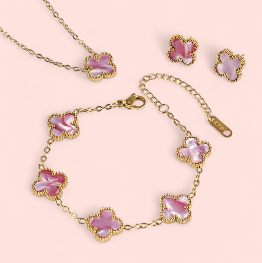 Pink Clover Stainless Steel Jewelry Set: Necklace, Earrings, Bracelet