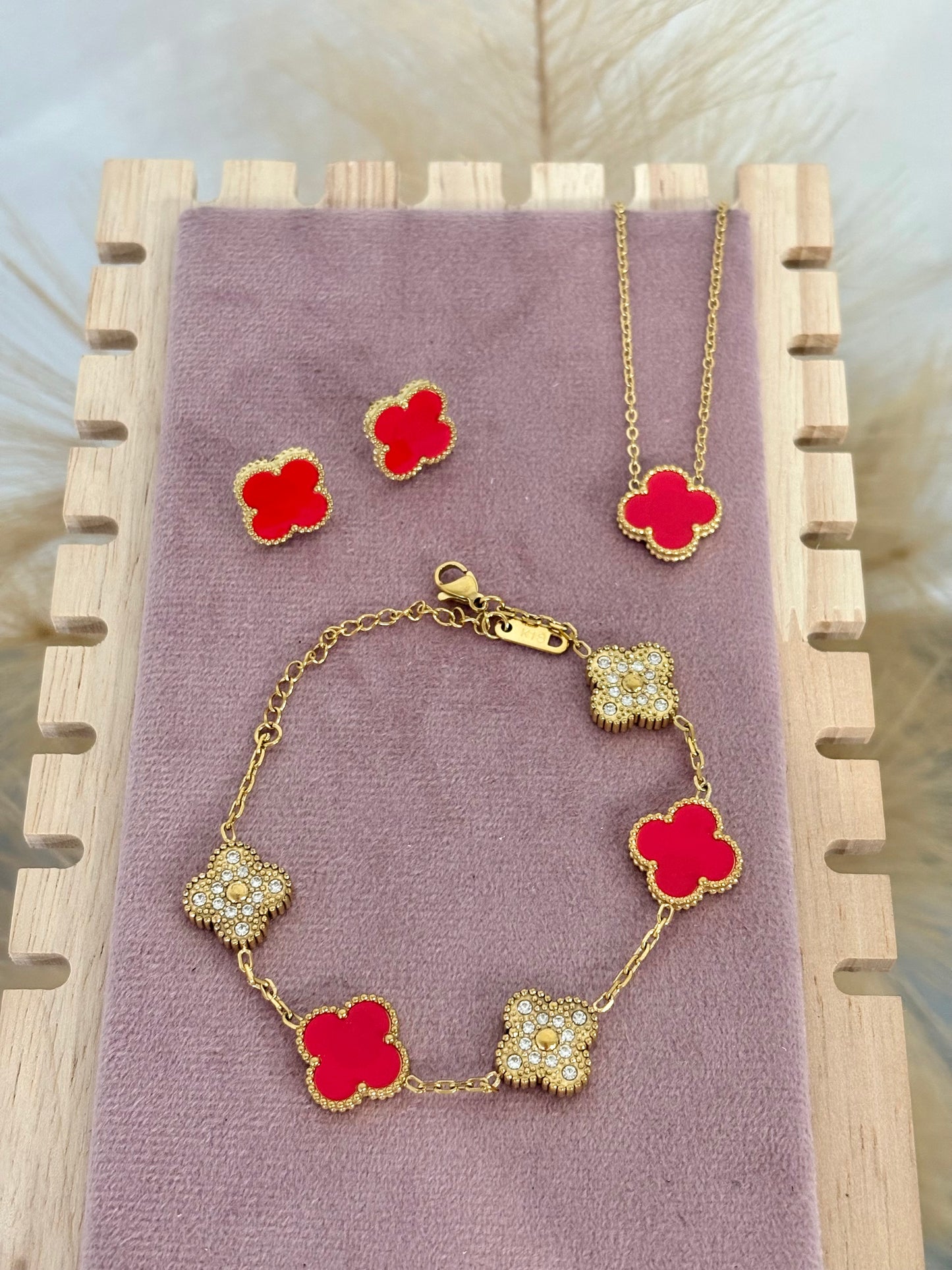 Vibrant Red and Gold Clover Stainless Steel Jewelry Set: Necklace, Earrings, Bracelet