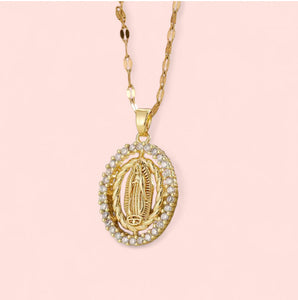Virgin Mary Oval Rhinestone Gold Stainless Steel Necklace