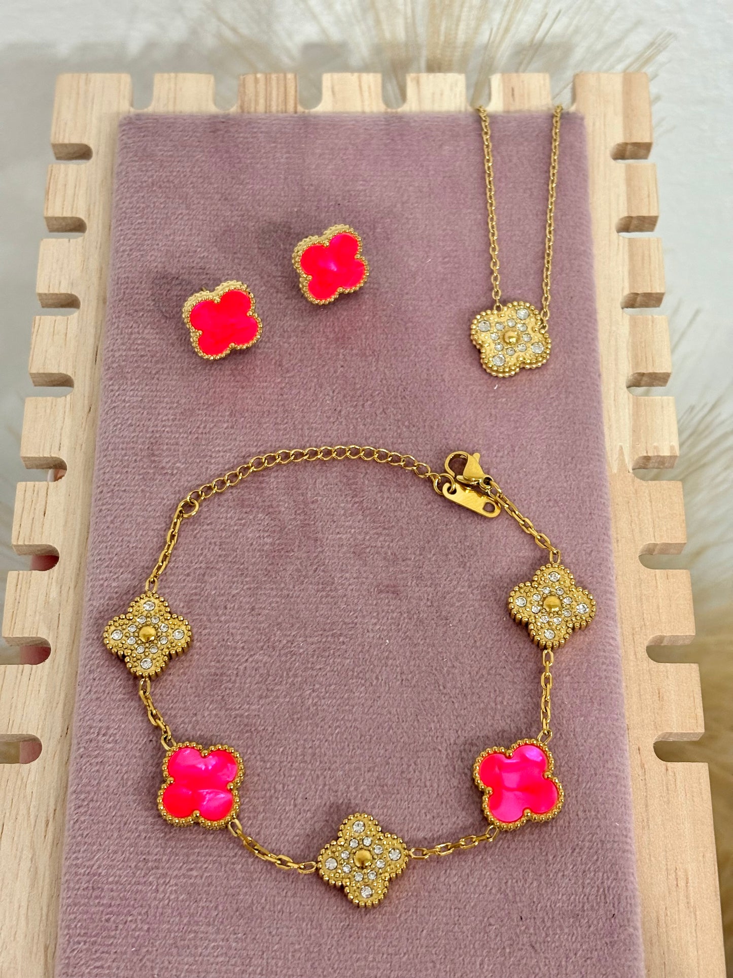Bright Pink & Gold Clover Stainless Steel Jewelry Set: Necklace, Earrings, Bracelet
