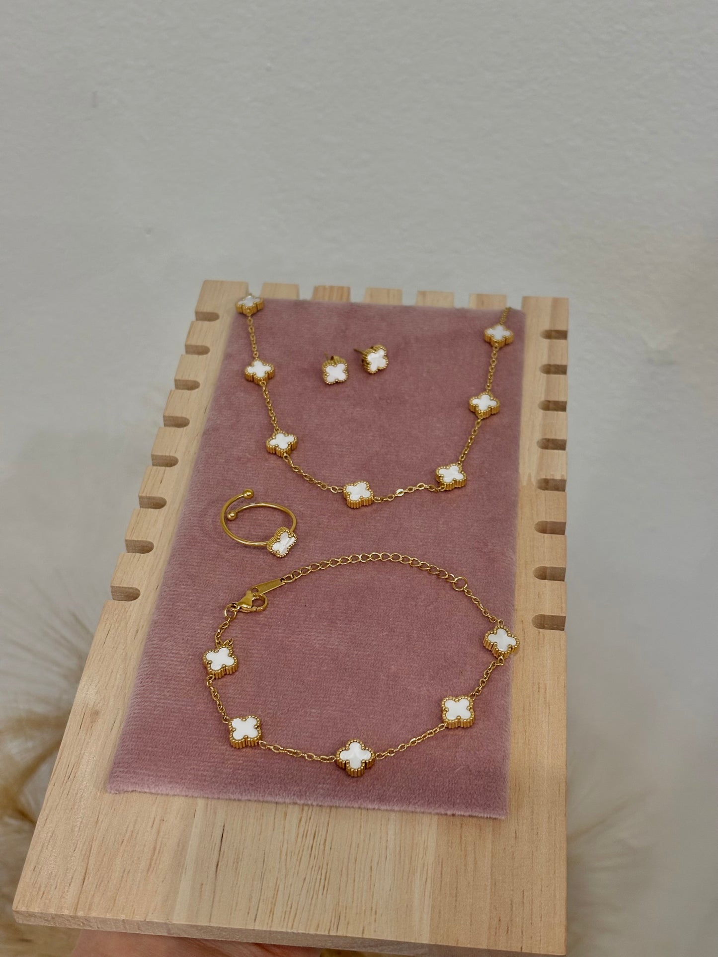 Mother Of Pearl White Baby Clover Stainless Steel Jewelry Set: Necklace, Earrings, Bracelet, Ring