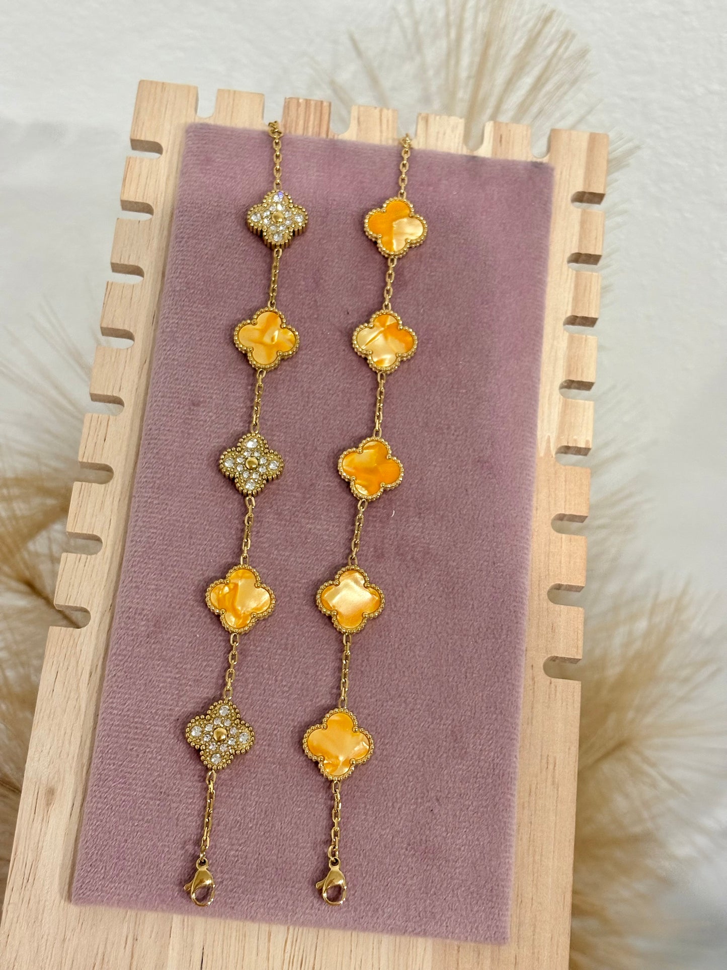 Sun-Kissed Orange Clover Stainless Steel Bracelet - Choose Your Style (Gold & Rhinestone)