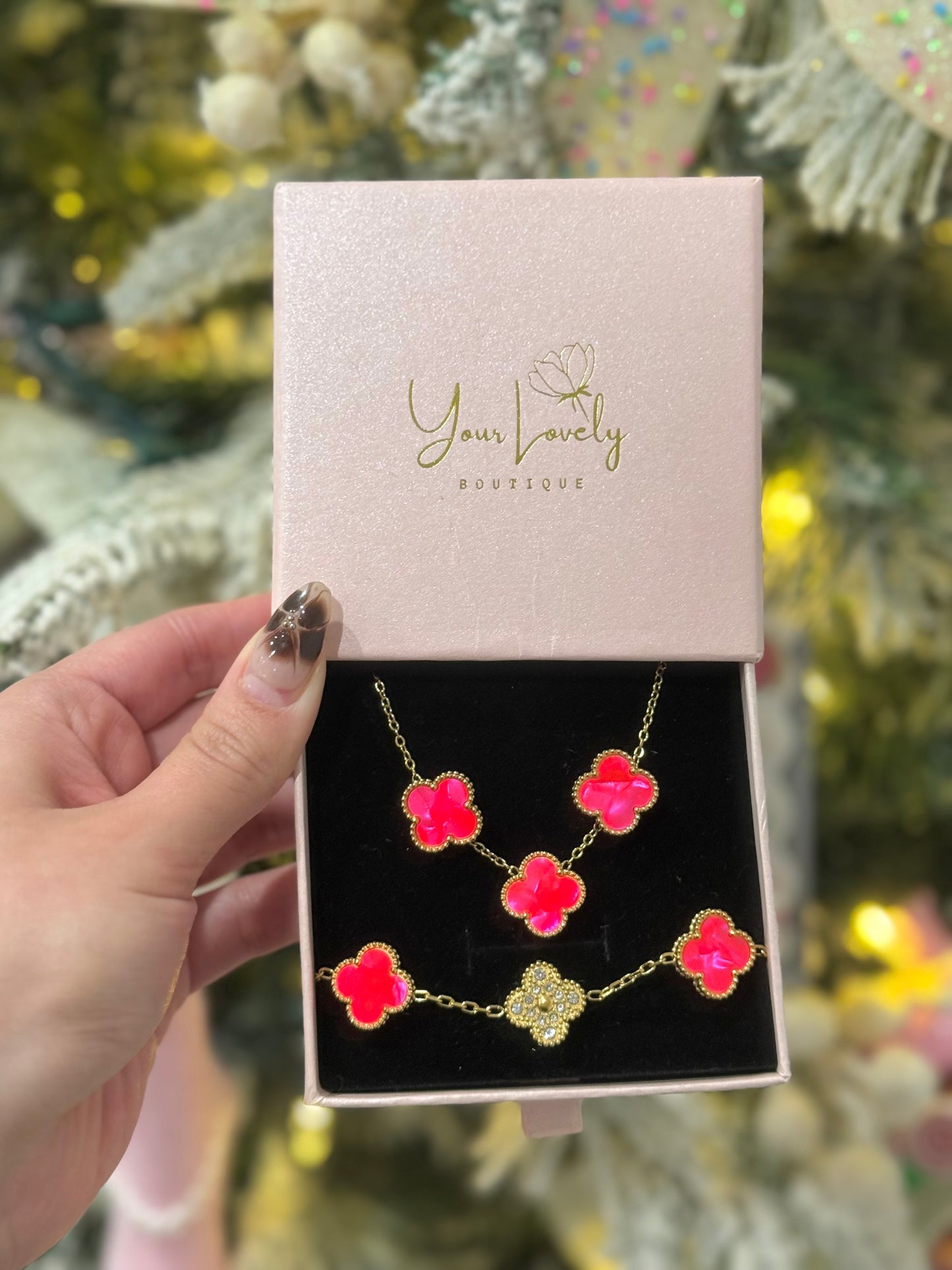 Bright Pink & Gold Clover Stainless Steel Jewelry Set: Necklace, Earrings, Bracelet