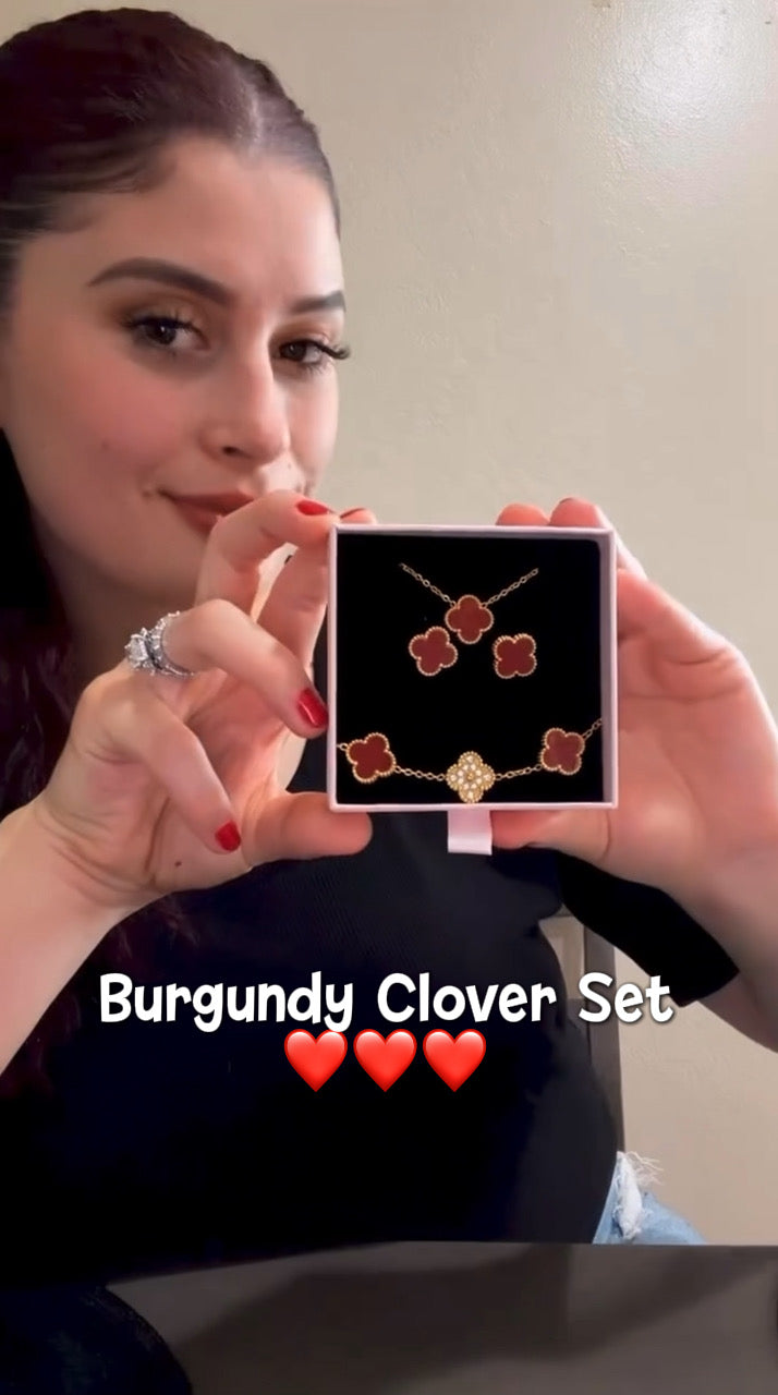 Deep Burgundy & Gold Rhinestone Clover Jewelry Set