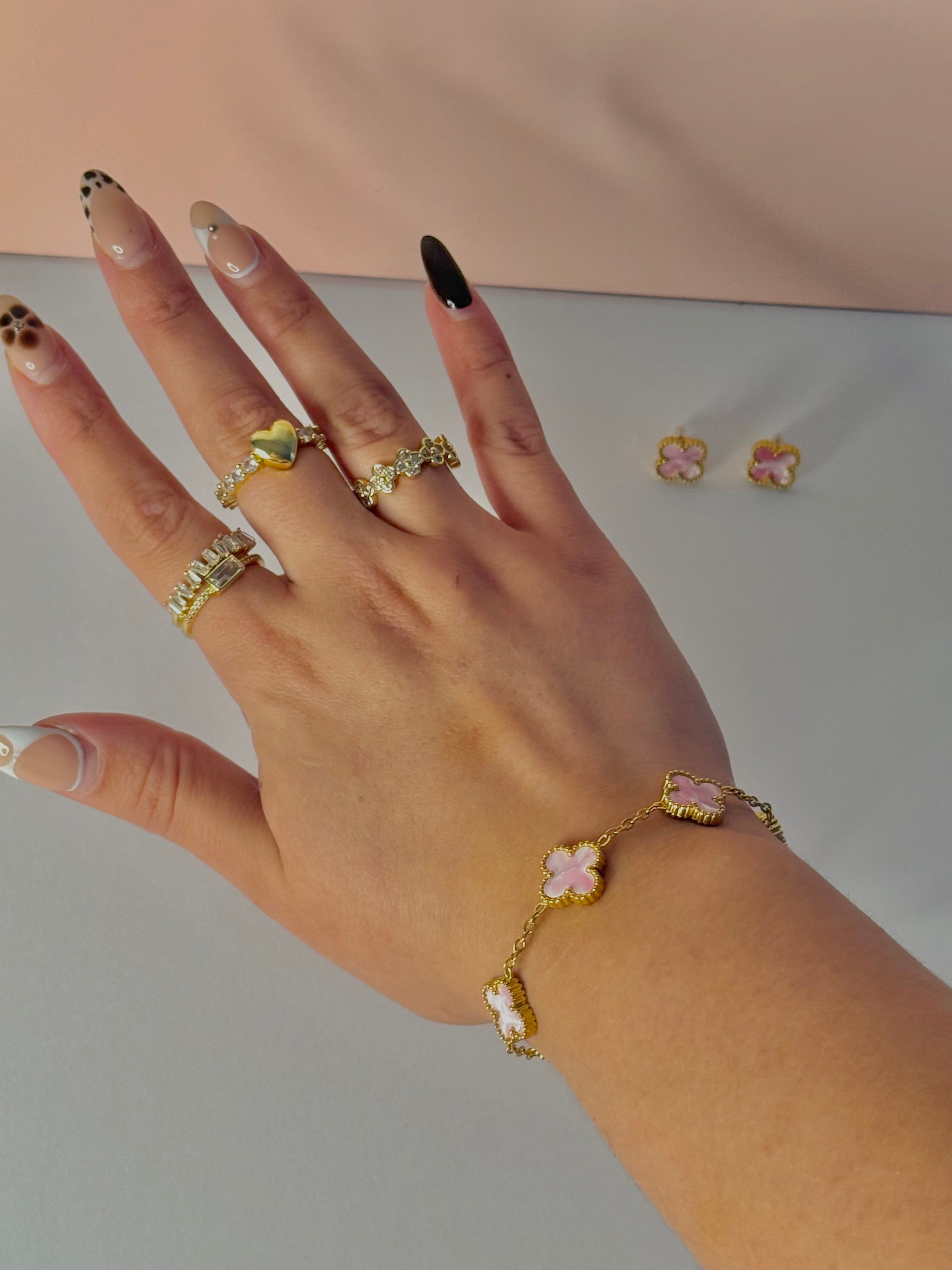 Pink Clover Stainless Steel Jewelry Set: Necklace, Earrings, Bracelet