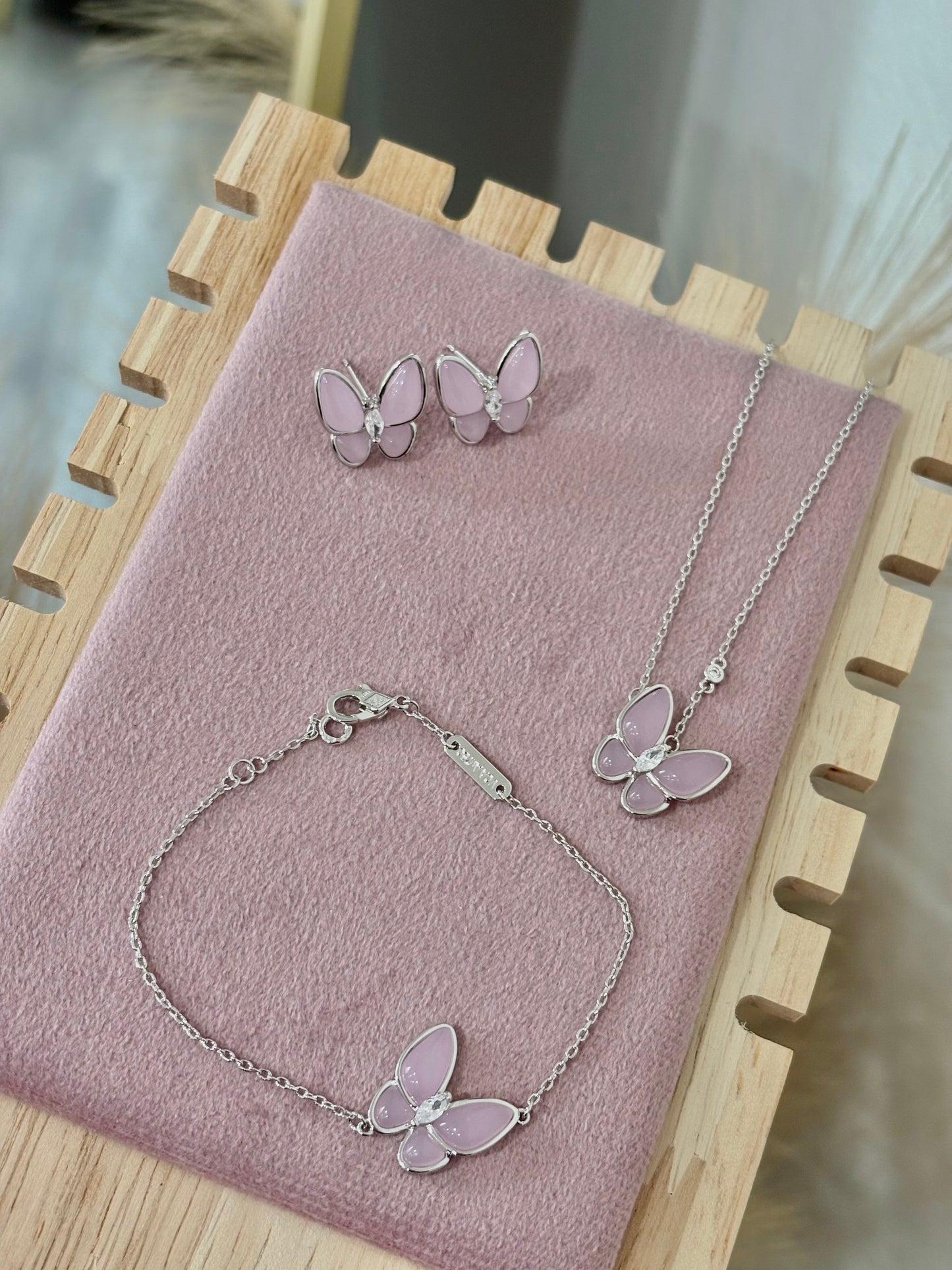 Rose Quartz Silver Butterfly Rhinestone Set: Necklace, Bracelet, Earrings