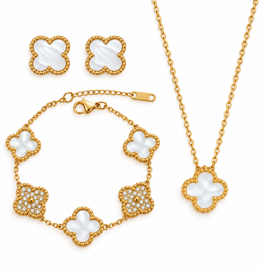 Mother Of Pearl White and Gold Clover Stainless Steel Jewelry Set: Necklace, Earrings, Bracelet