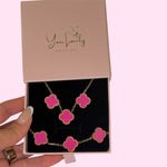 Load image into Gallery viewer, Magenta Clover Stainless Steel Jewelry Set: Necklace, Earrings, Bracelet
