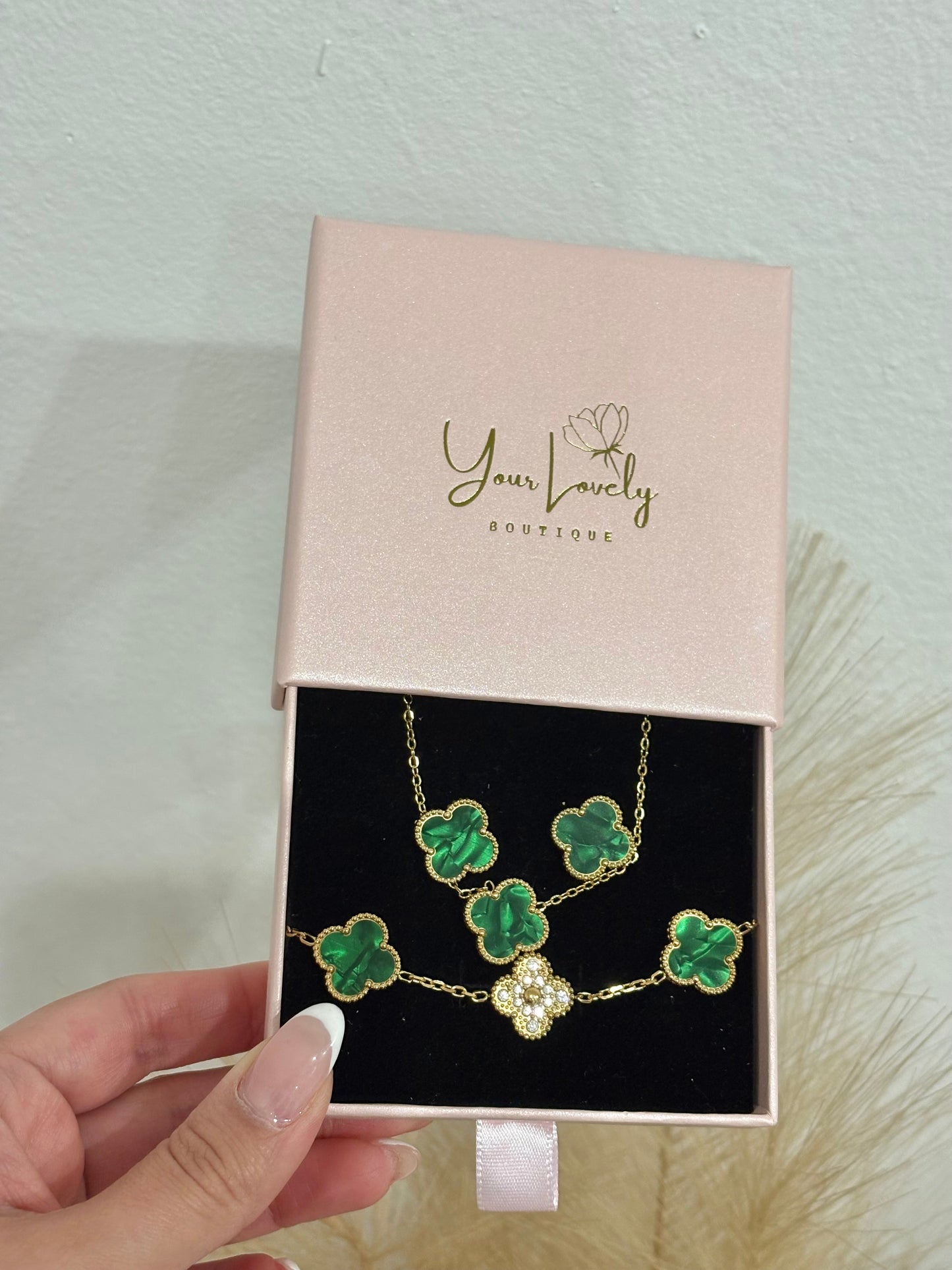 Emerald Green & Gold Rhinestone Clover Stainless Steel Jewelry Set: Necklace, Earrings, Bracelet