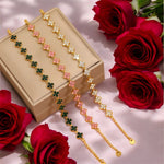 Load image into Gallery viewer, Colorful Gold Clover Zirconia Adjustable Stainless Steel Bracelet: Green, Pink, and White
