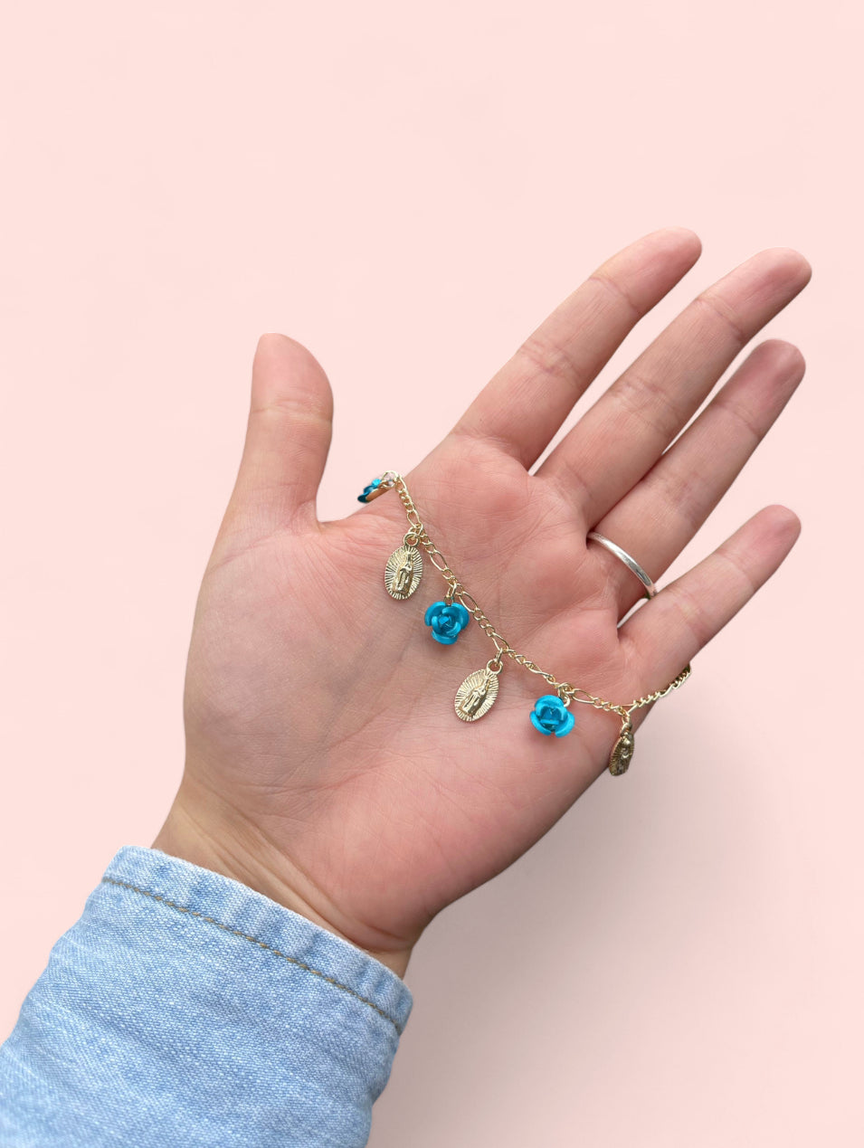 Virgencita Ocean Blue Roses Gold Plated Bracelet