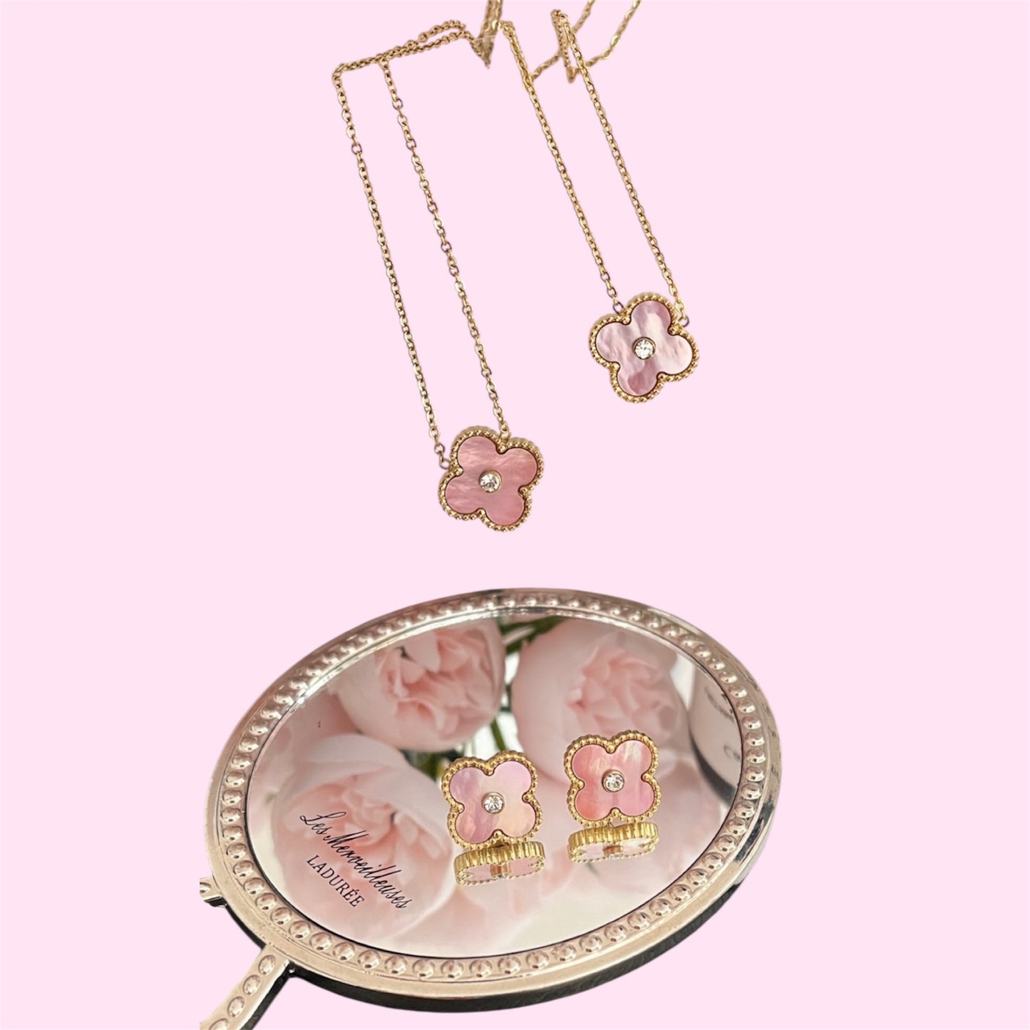Pink Rhinestone Clover Stainless Steel Necklace and Earrings