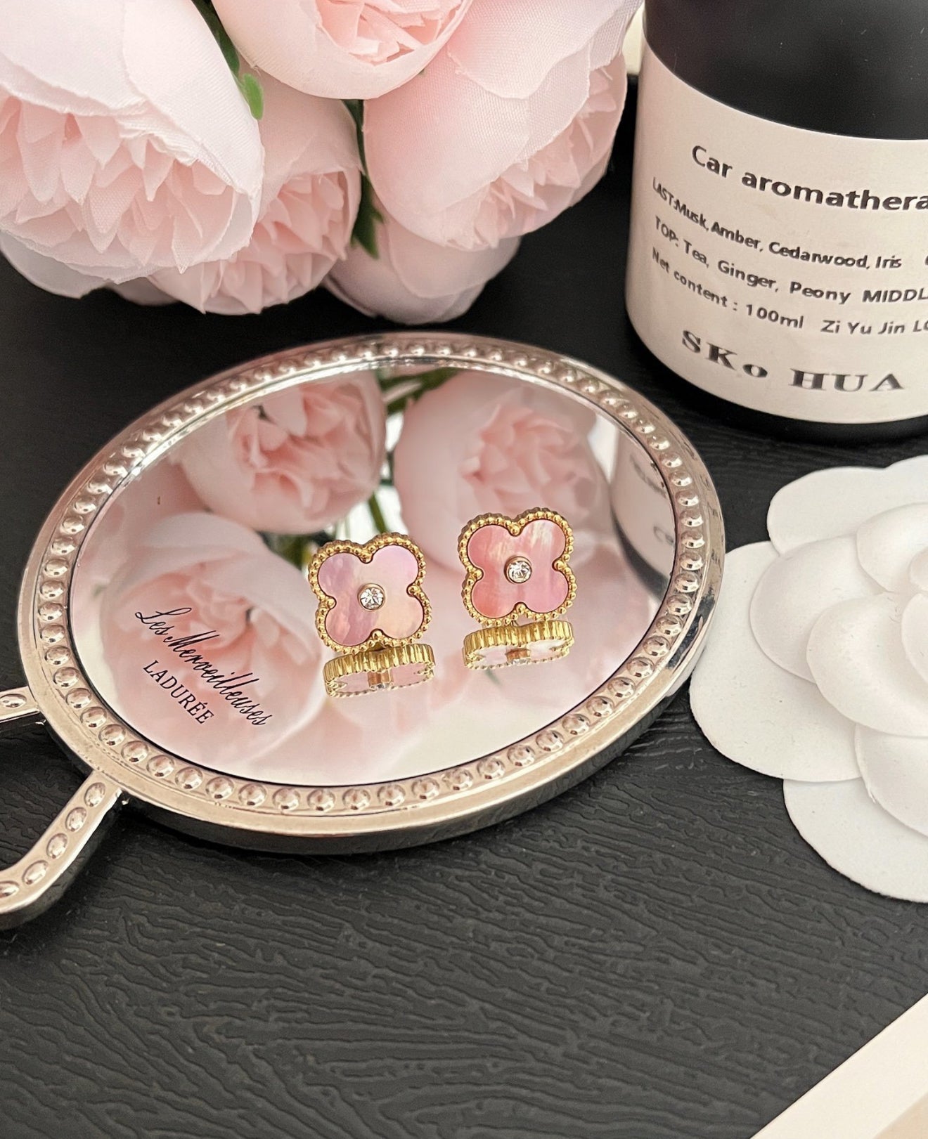 Pink Rhinestone Clover Stainless Steel Necklace and Earrings
