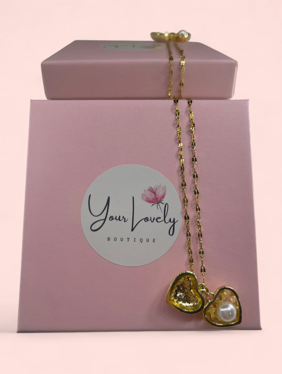 Heart Rhinestone Pearl Gold Stainless Steel Necklace