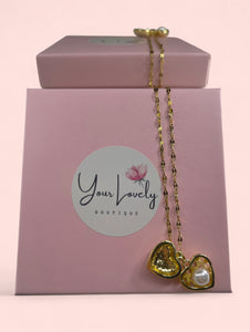 Heart Rhinestone Pearl Gold Stainless Steel Necklace