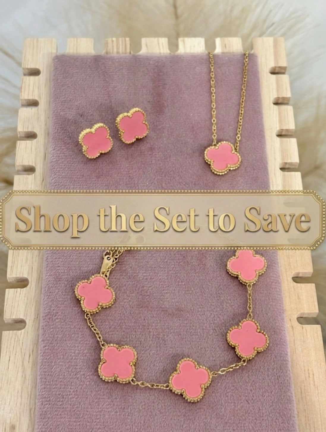 Coral Pink Clover Stainless Steel Jewelry Set: Necklace, Earrings, Bracelet
