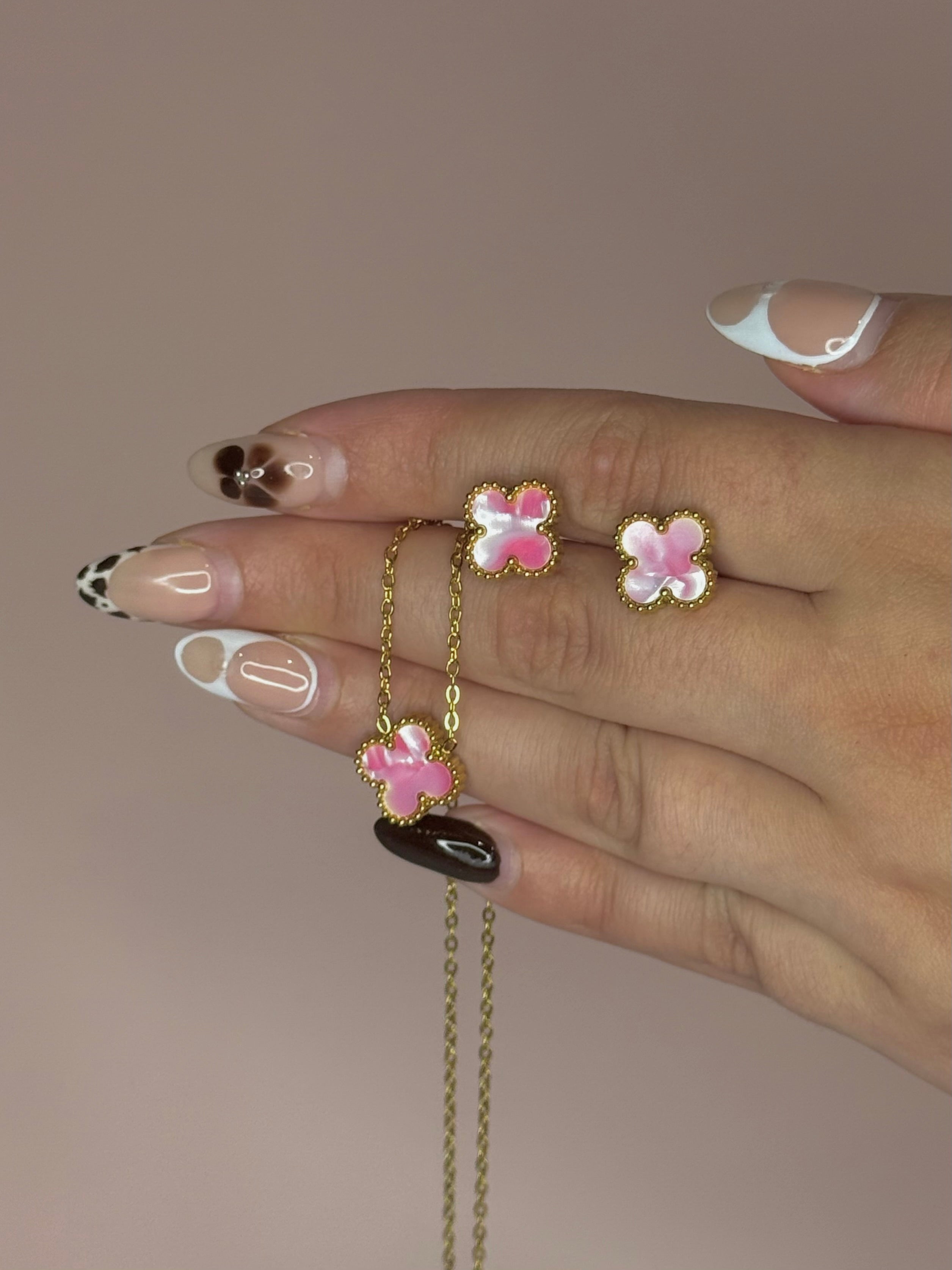 Pink Clover Stainless Steel Jewelry Set: Necklace, Earrings, Bracelet