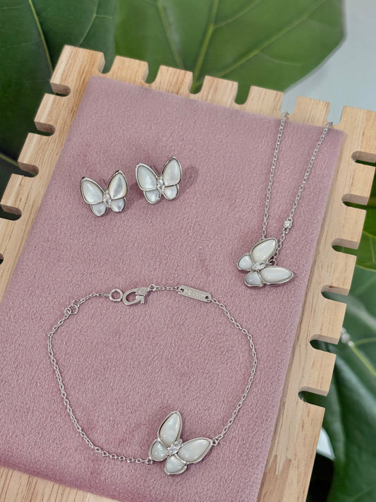 The Mother of Pearl Silver Butterfly Rhinestone Set: Necklace, Bracelet, Earrings