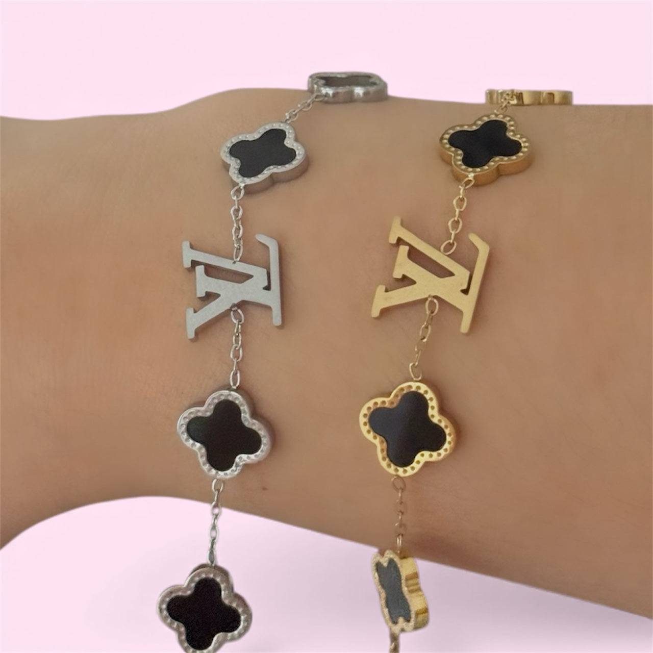 LV Black Clover Stainless Steel Bracelet in Silver & Gold