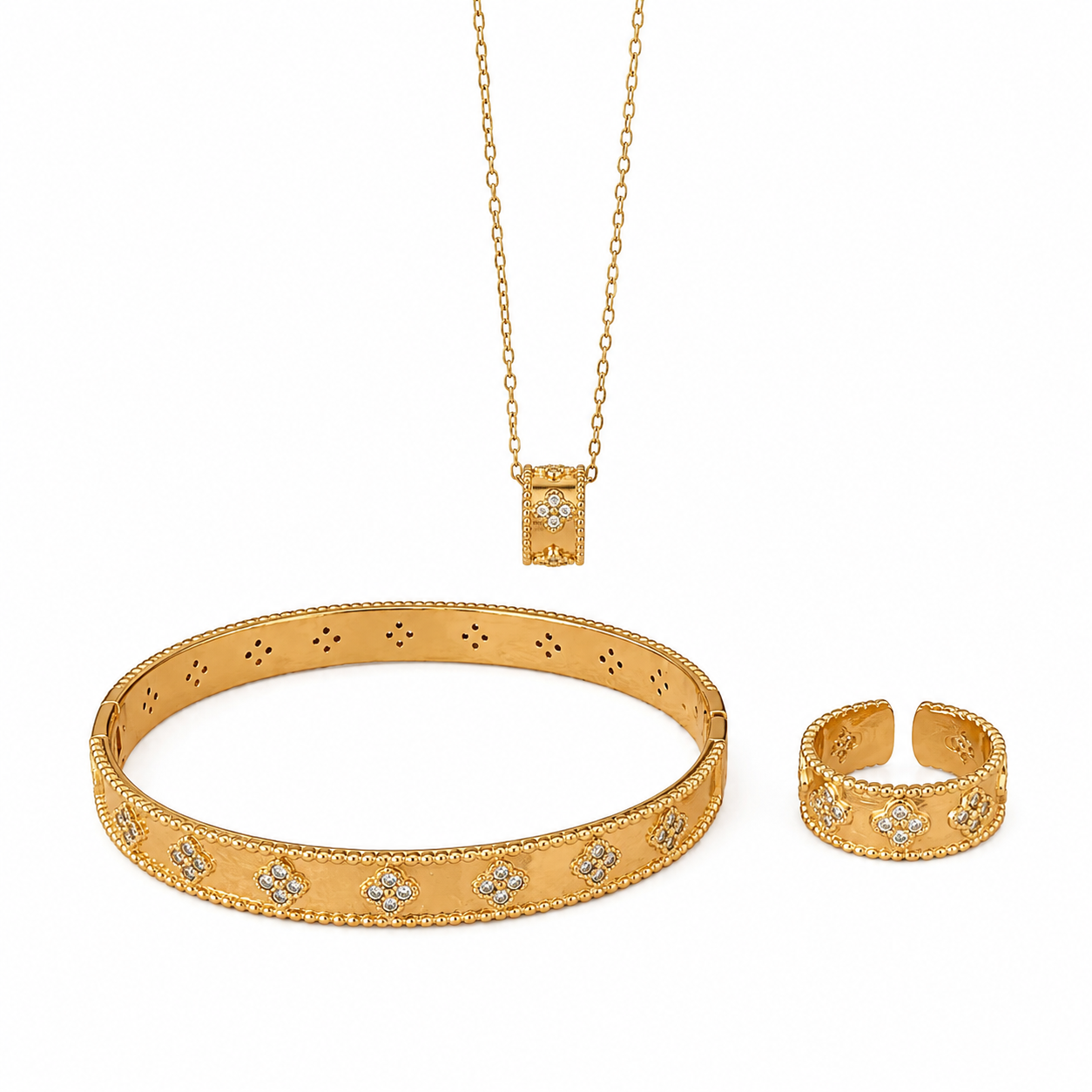 Luxe Clover Perlee Jewelry Set: Necklace, Bracelet, and Ring